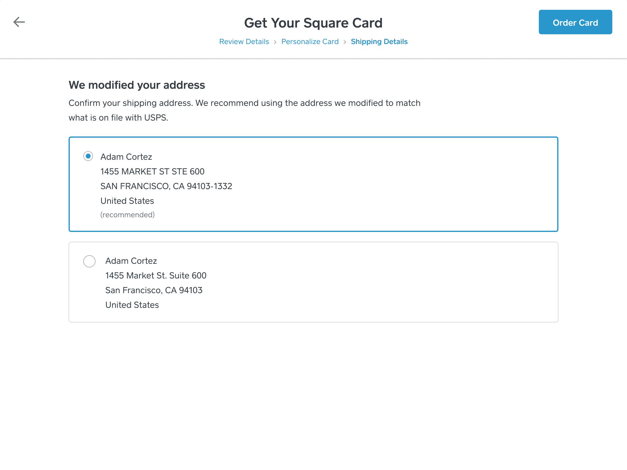 Square Card ordering flow