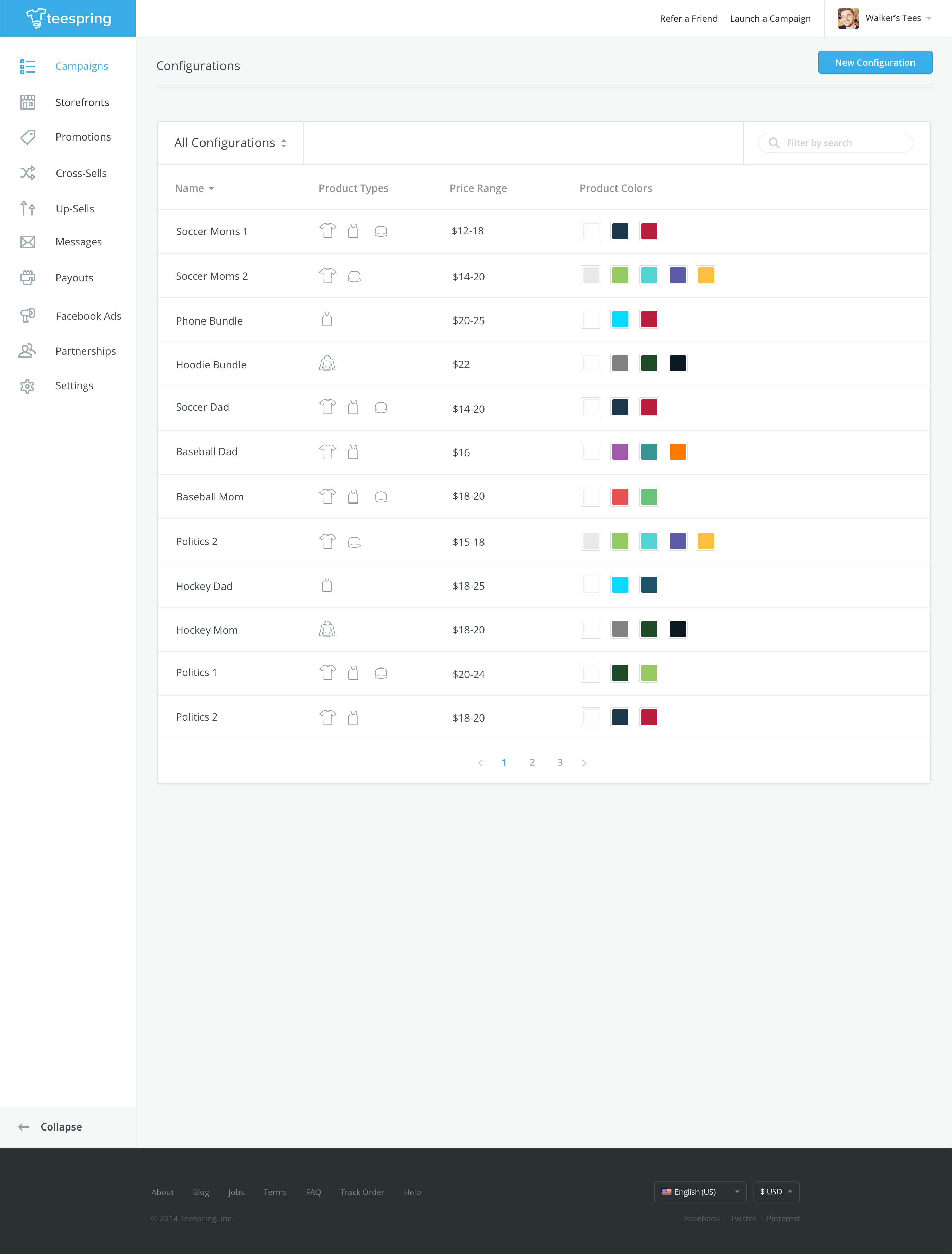 Teespring dashboard template configurations