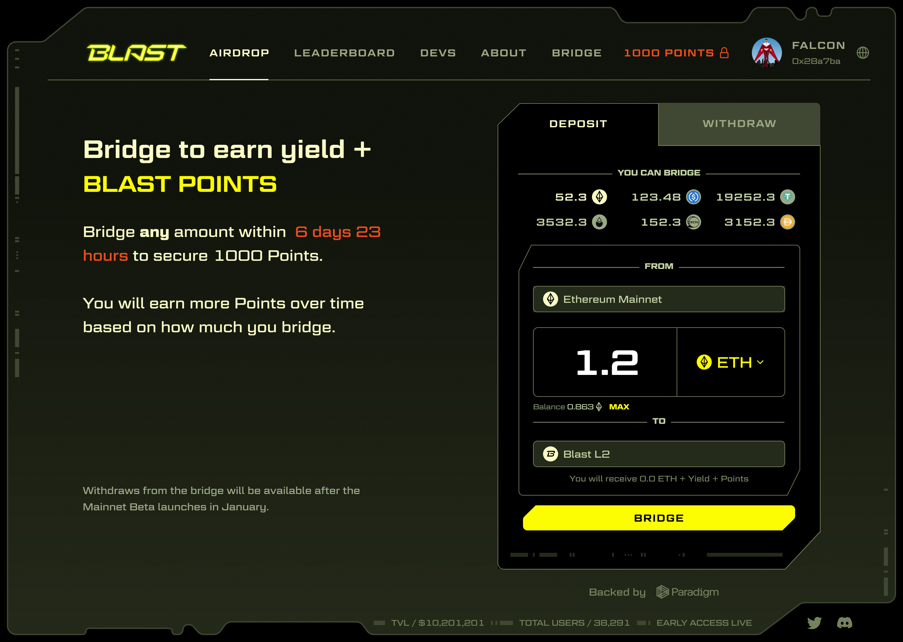 Blast bridge to earn yield and points