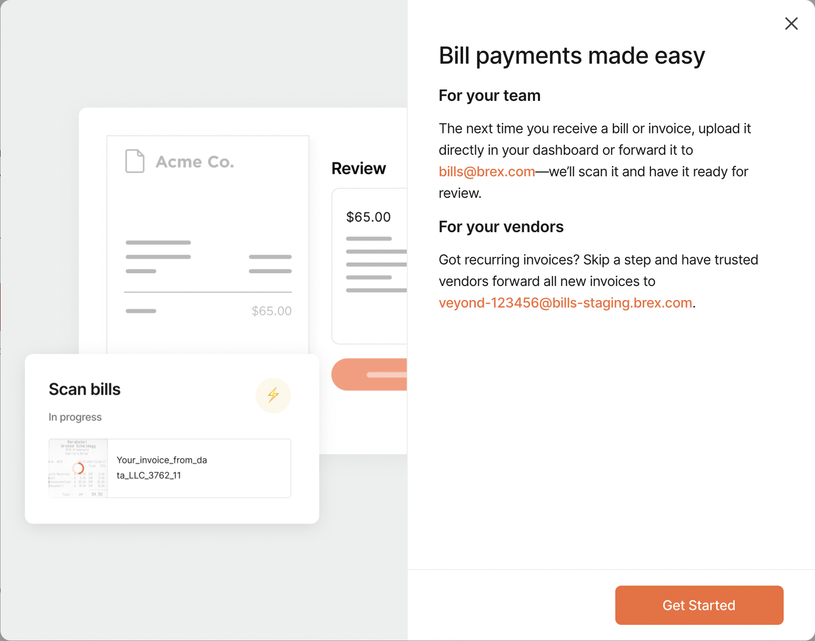 Brex Bill Pay onboarding: upload or forward bills to be scanned