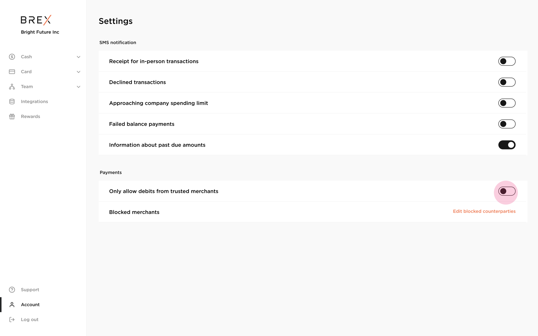 Brex settings: only allow debits from trusted merchants