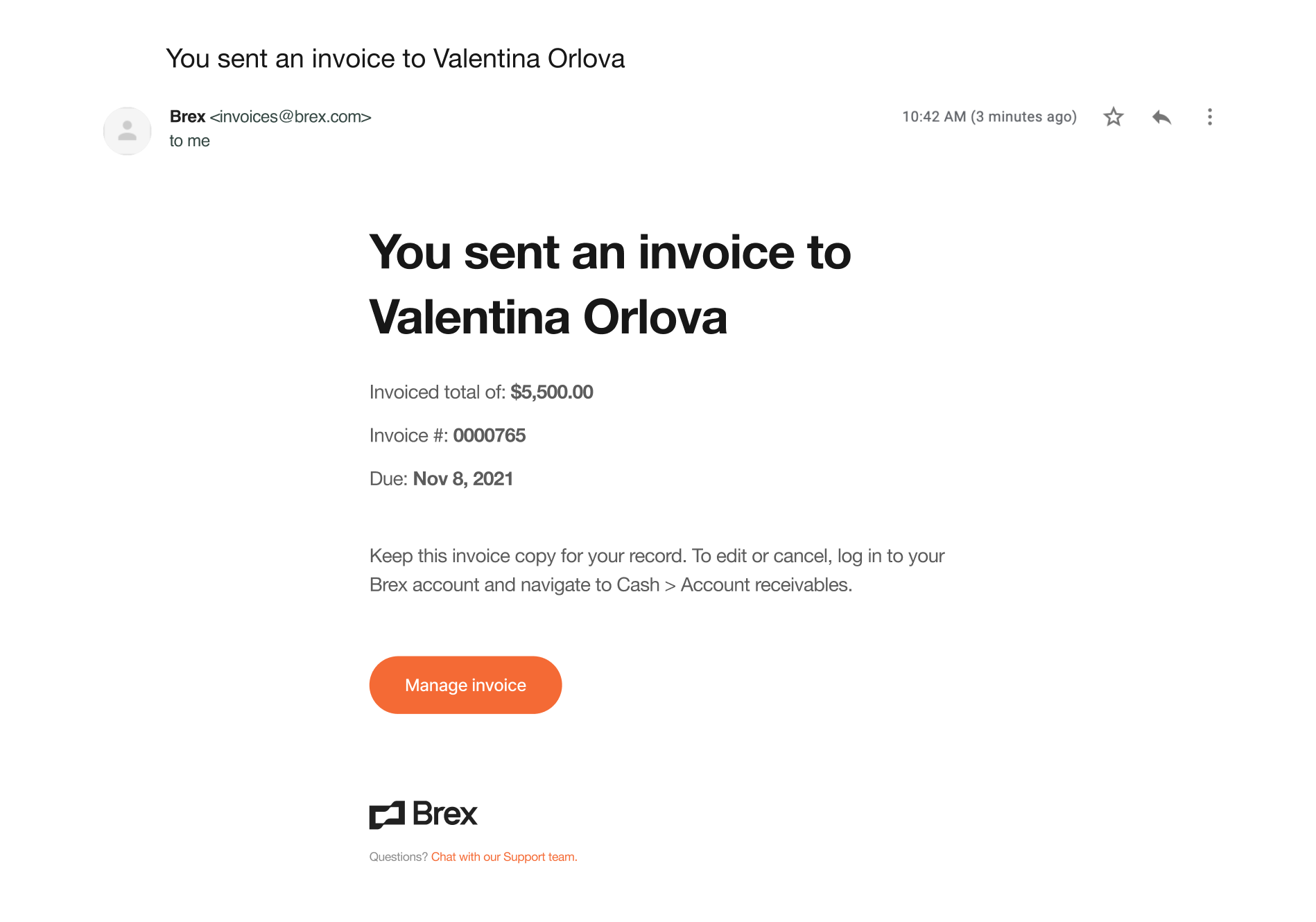 Brex invoice email: the vendor's copy