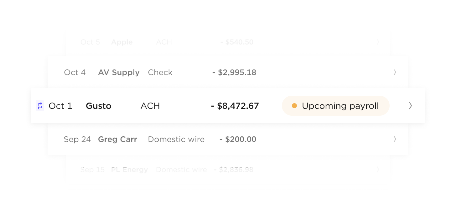 Upcoming payroll surfaced in the Brex transaction feed