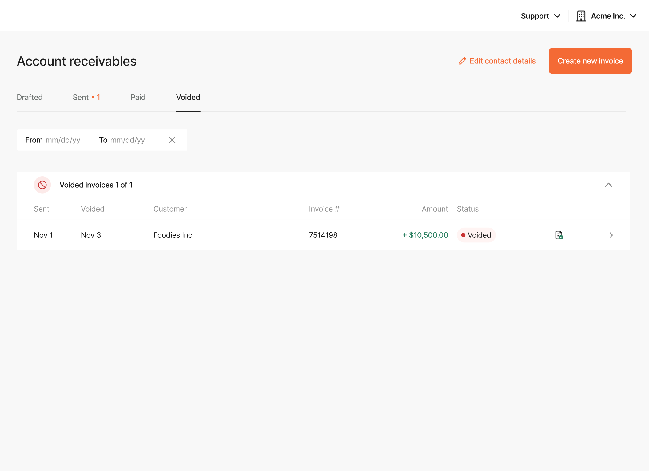 Brex account receivables voided view