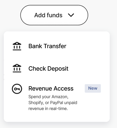 Brex Add funds menu: bank transfer, check deposit, and Revenue Access