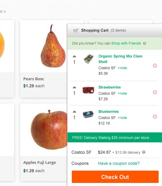 The original Instacart cart panel covering the products being browsed