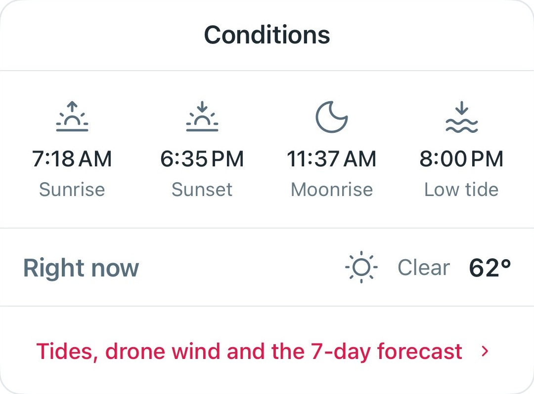 Conditions: sunrise, sunset, moonrise and low tide, with the weather right now