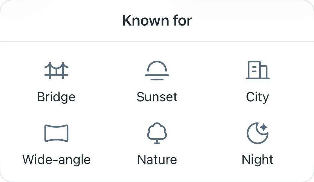 Known for: the tags that describe a spot, such as bridge, sunset, city, wide-angle, nature and night