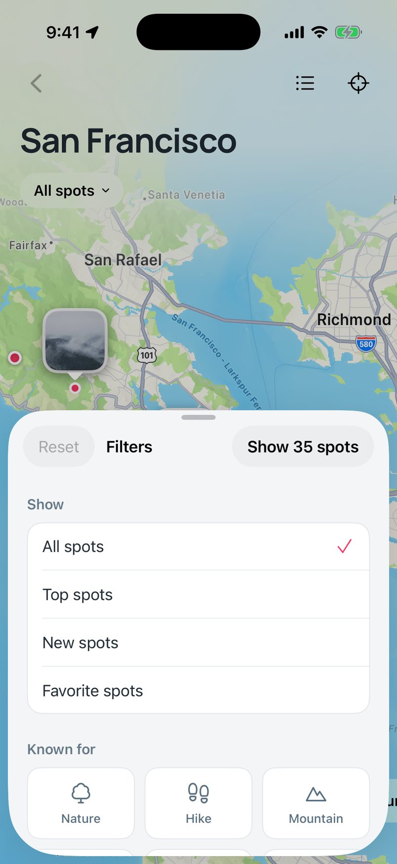 Filters, a glass sheet over the map: all, top, new or favorite spots, and what a spot is known for