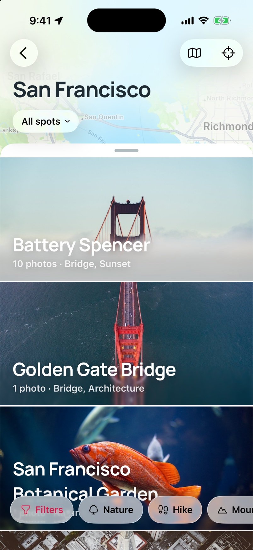 The spots list over the San Francisco map: Battery Spencer, the Golden Gate Bridge and the Botanical Garden, with a grabber to slide it away