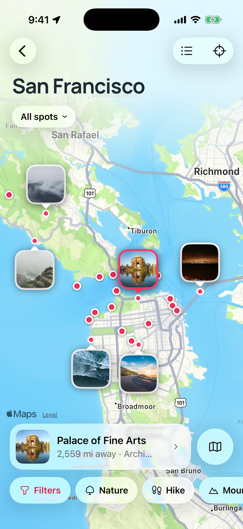 The spots map of San Francisco with the Palace of Fine Arts selected
