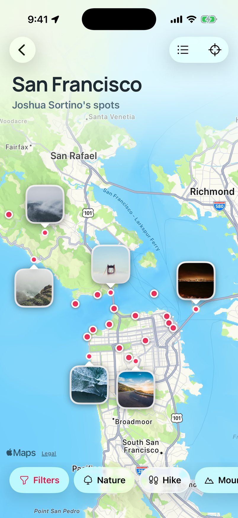 A profile shown as a map of the spots that person added
