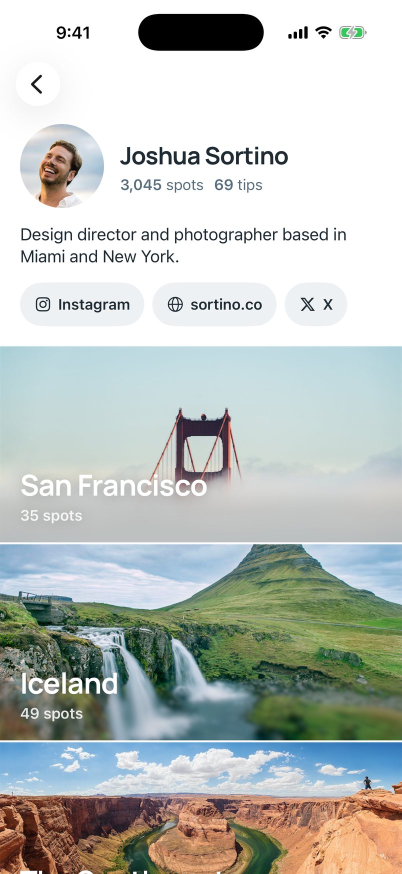 A profile: spots and tips contributed, links out, and destinations covered