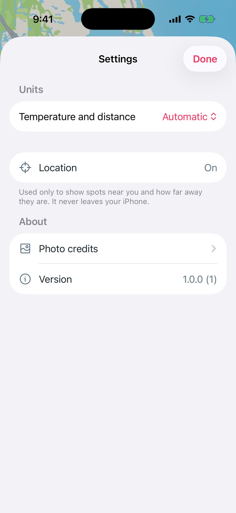 Settings: units, location, photo credits and the version