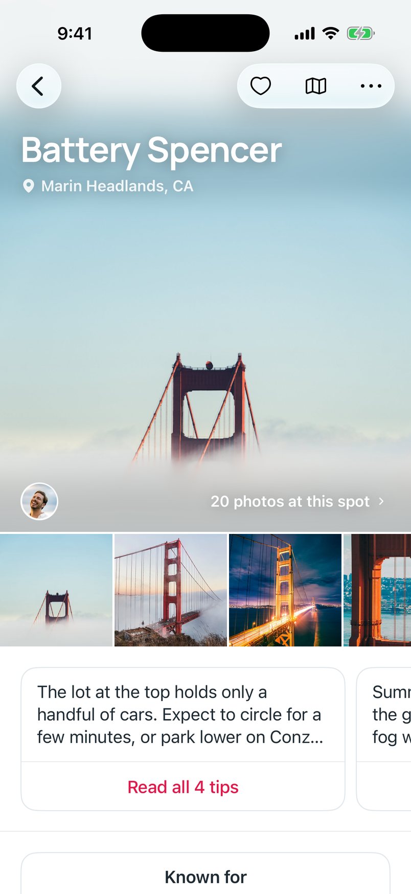 Spot details for Battery Spencer: the hero photo, photos taken there and the first tips