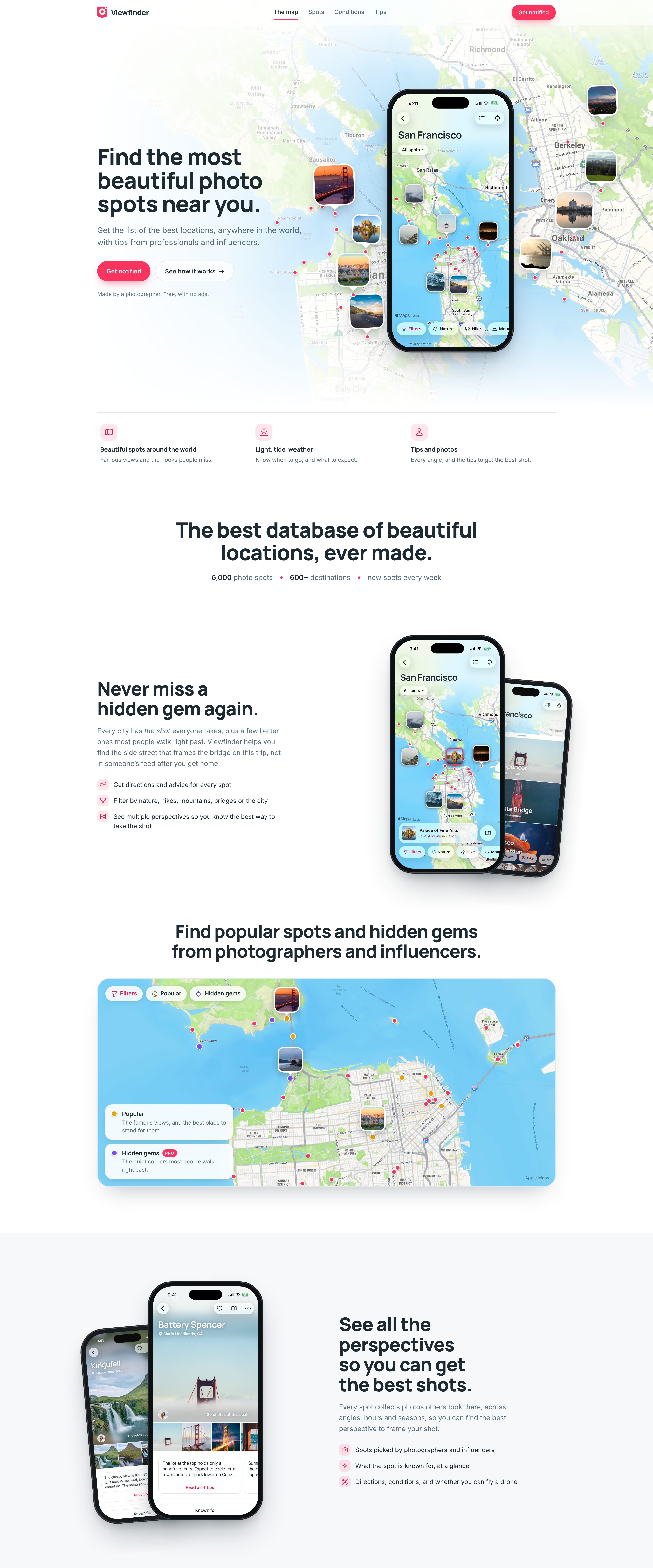 The viewfinderapp.com marketing page: the San Francisco map in the phone with photo pins around it, the features, the map of popular spots and hidden gems, and a spot's perspectives